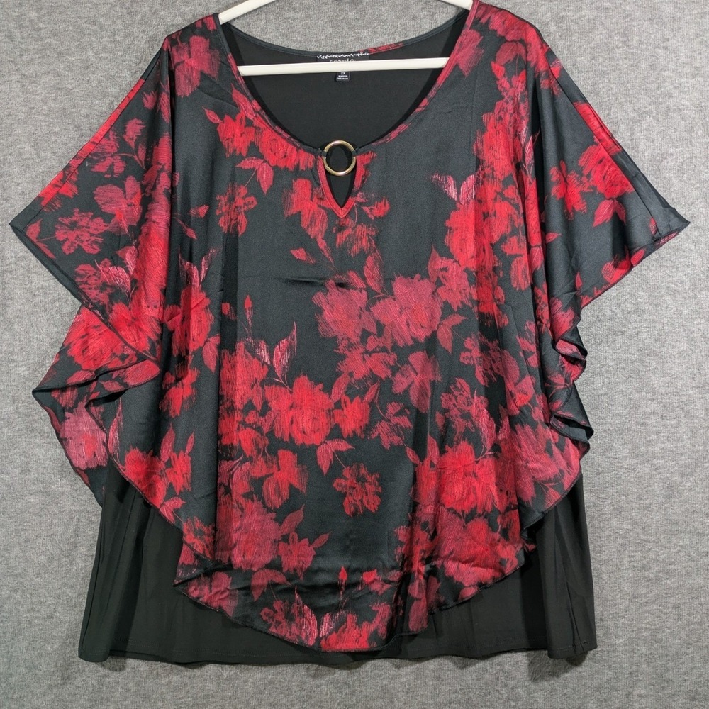 Corvia Women Red Black Floral Poncho Overlay Top Blouse Keyhole Ring Neck Sz 2X